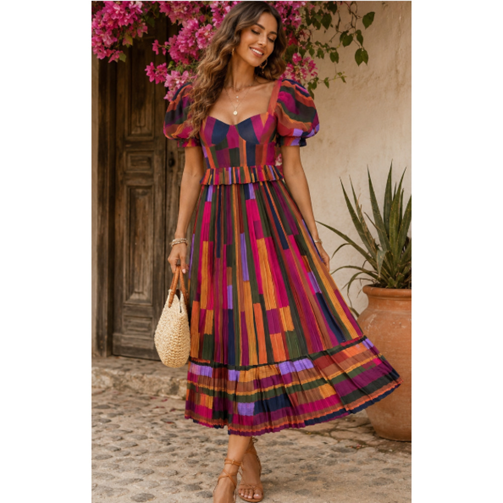Farm Rio Painted Striped Pleated Blouson Sleeve Midi Dress Sz S Resort Boho Vaca